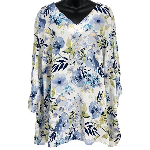 Marybelle Womens Floral Top Tunic Blouse Plus 3X White V-Neck Half Sleeve New - Picture 1 of 7